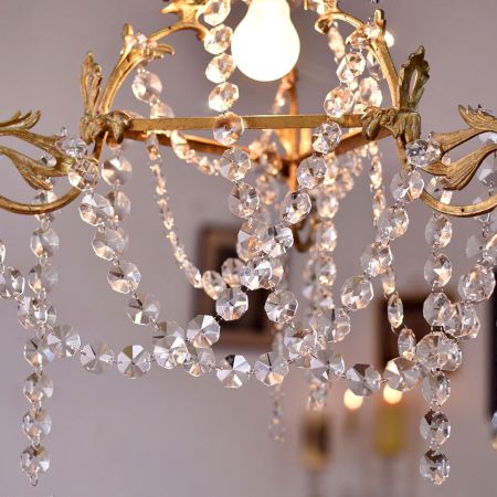 Vintage Italian Style Brass Enameled Chandelier with Clear Garland Strands - 3 cm Drops